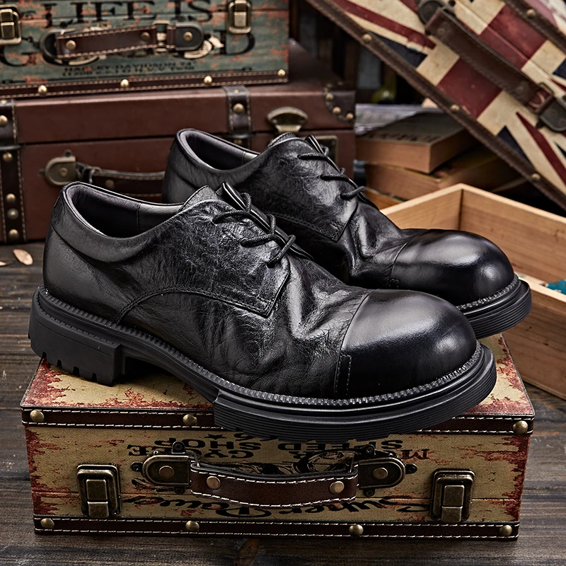 三接头牛皮英伦复古商务休闲男皮鞋时尚厚底真皮正装低帮男鞋E124