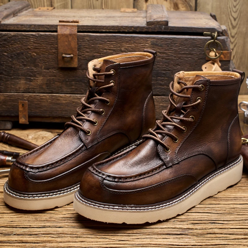 阿美咔叽秋冬百搭男士时尚日系厚底真皮英伦风复古工装男靴E129