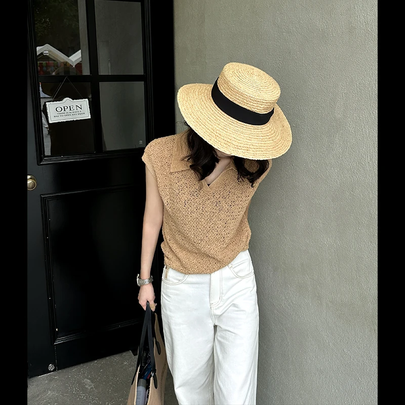 QK·返璞归真·复古法式盖袖镂空编织落肩套头Polo针织衫QK0371