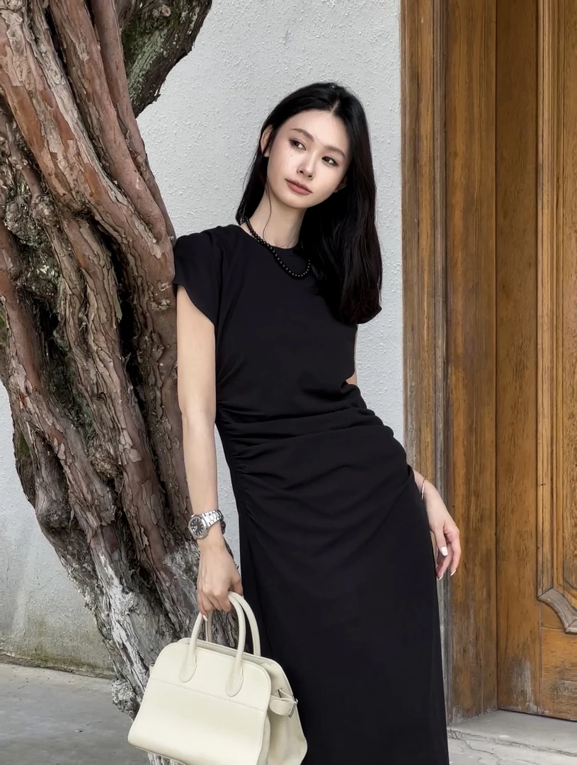 QK法式褶皱收腰短袖简约连衣裙QK0291