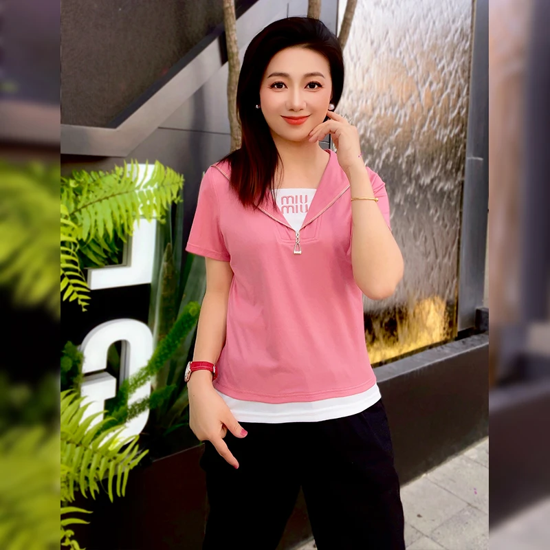 海军领时尚假两件短袖T恤女夏2025百搭减龄修身显瘦女士休闲上衣