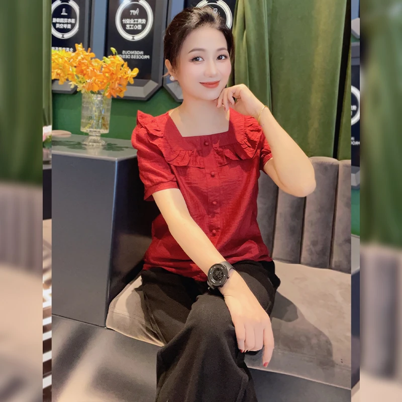 蓝和怡家夏季洋气凉爽清新荷叶边气质设计感高腰减龄女士方领上衣