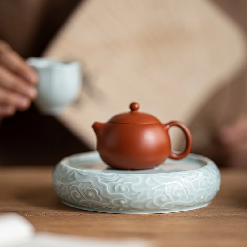 青瓷祥云壶承小号储水式茶盘陶瓷家用干泡台圆形茶壶底座简易茶台
