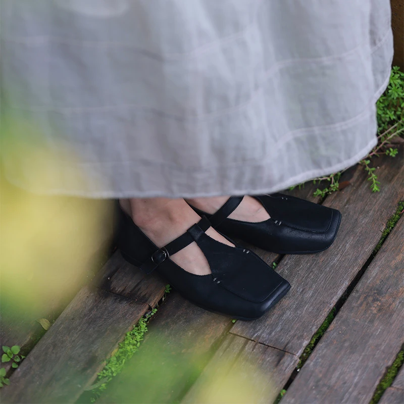 慢慢变蓝原创 浅口一字扣系带玛丽珍单鞋方头牛皮低跟鞋子