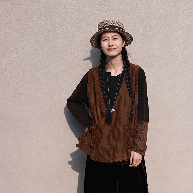 慢慢变蓝原创 【荼】新中式复古文艺斜襟马甲系带春秋双层百搭