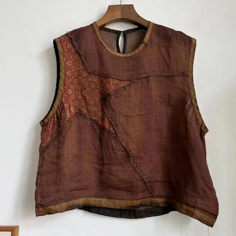 慢慢变蓝原创设计【荼】夏季文艺复古麻料圆领背心拼接马夹