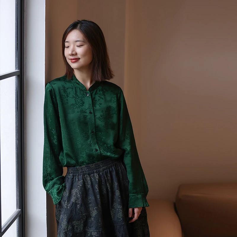 慢慢变蓝原创设计 定制祖母绿提花丝衬衫宽松小立领长袖上衣衬衣