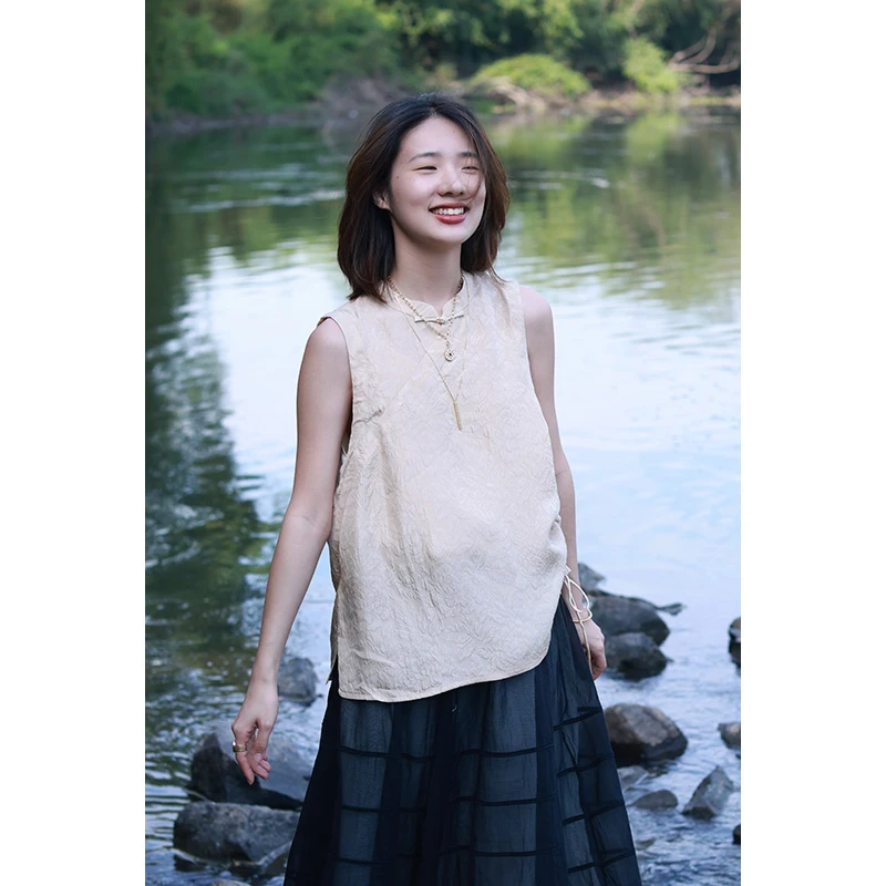 慢慢变蓝原创设计 文艺复古新中式小立领盘扣斜襟套头马夹