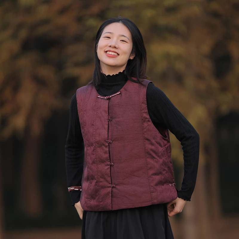 慢慢变蓝冬双宫茧肌理丝绸羽绒马甲中式圆领盘扣新中式柔软保暖