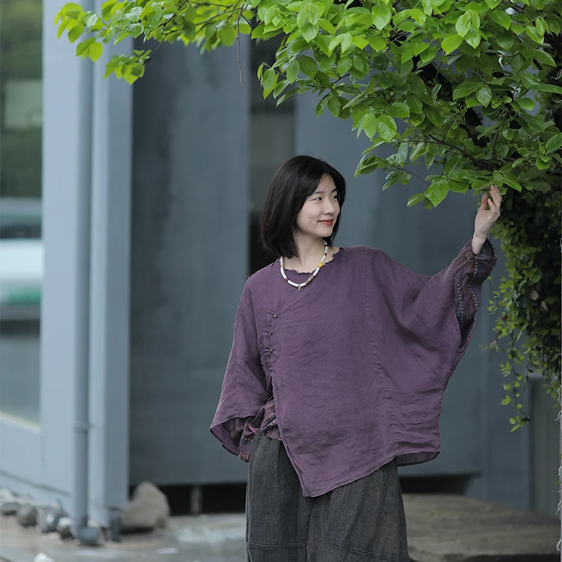 慢慢变蓝原创设计【荼】苎麻上衣衬衫宽松拼接