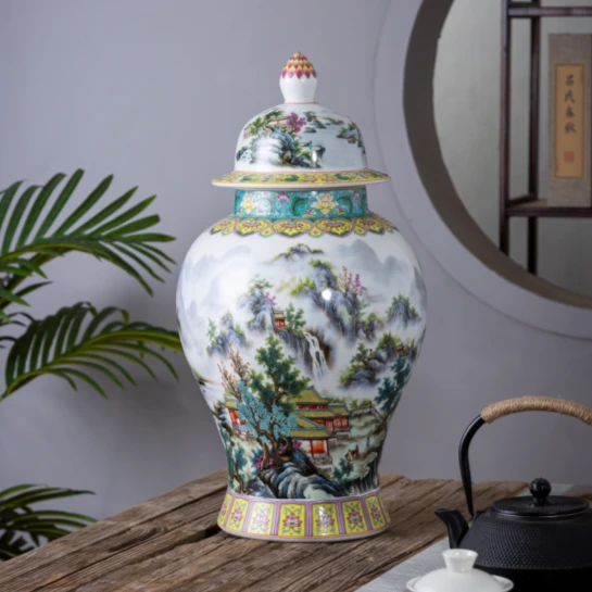 景德镇陶瓷摆件清泉石上流山水将军罐