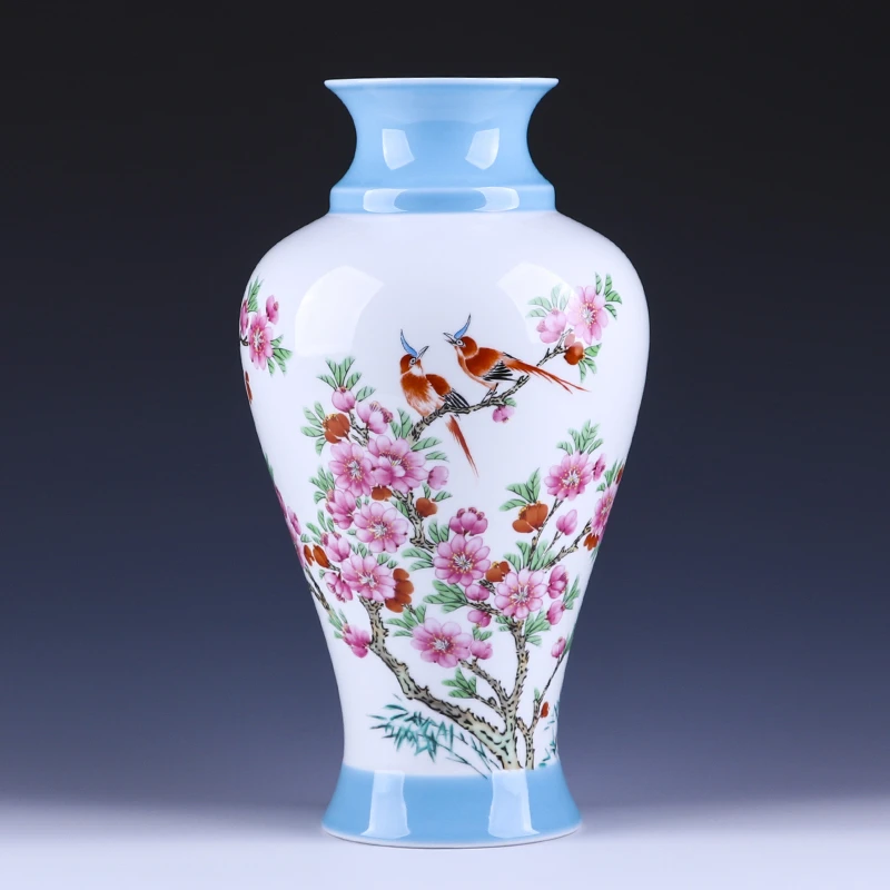 景德镇陶瓷客厅玄关博古架摆件水点桃花红鸟鱼尾瓶