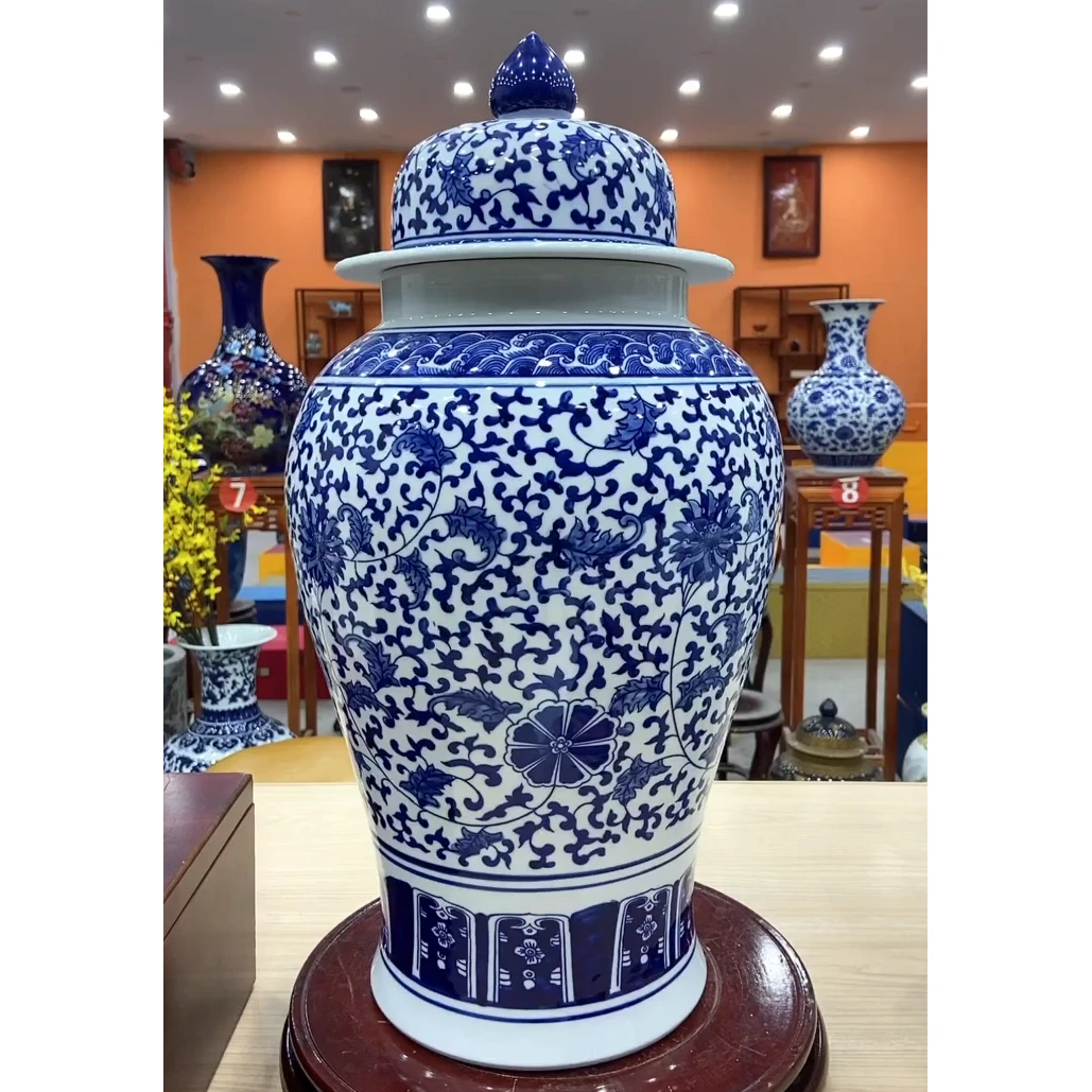 寻韵景德镇陶瓷客厅摆件大号青花缠枝莲将军罐