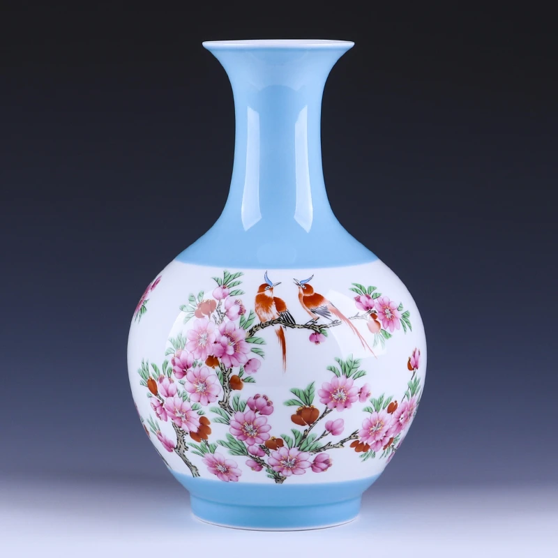 景德镇陶瓷花瓶客厅玄关博古架摆件水点桃花红鸟赏瓶