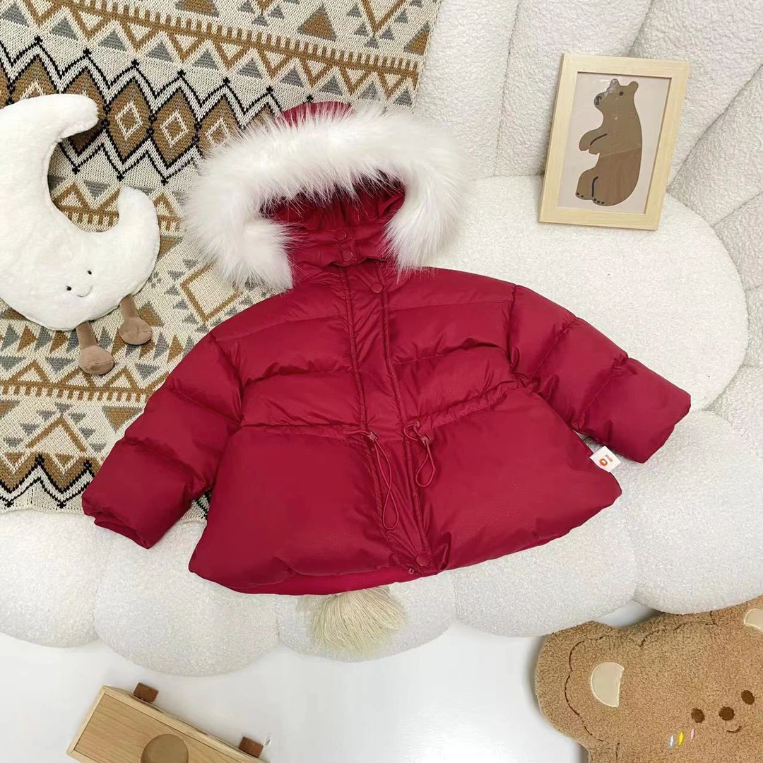 【现货】DW233579冬季新款儿童新国标90白鸭绒羽绒服红色毛领外套