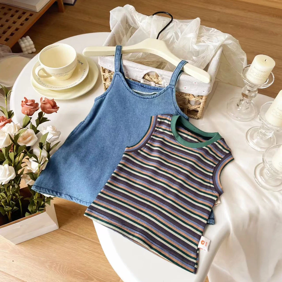 【现货】XT249219夏季新款儿童套装女宝牛仔吊带裙条纹T恤两件套
