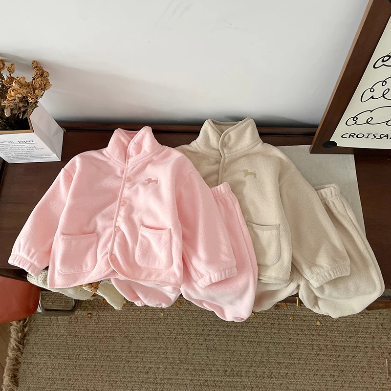 【现货】QT245771秋冬新款儿童套装女童保暖薄绒外套裤子两件套