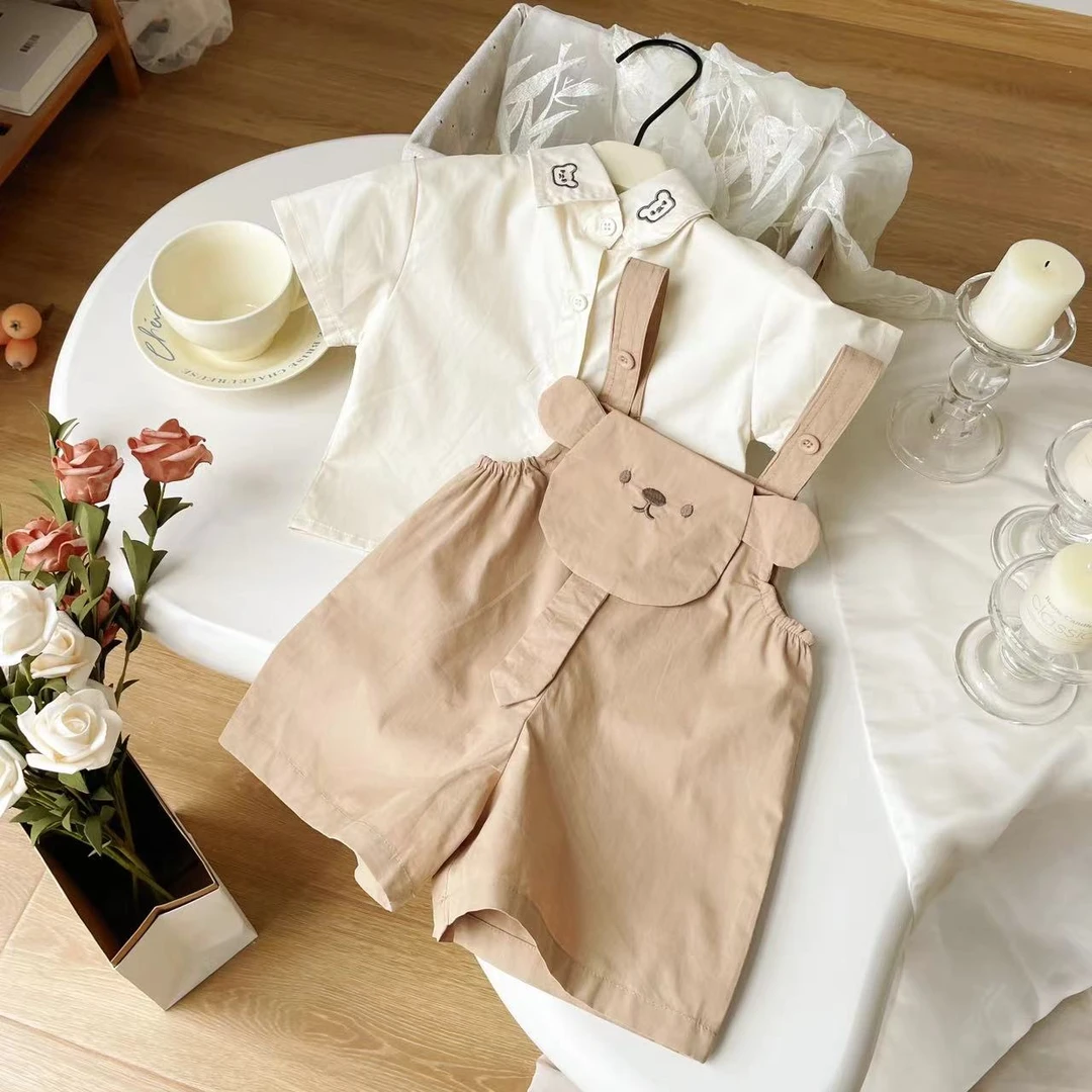 【现货】ZD24X033夏季新款儿童套装宝宝洋气休闲衬衫背带裤两件套