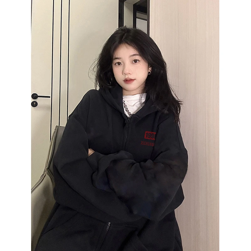 黑色连帽开衫卫衣女春秋新款美式复古oversize慵懒风宽松小众外套