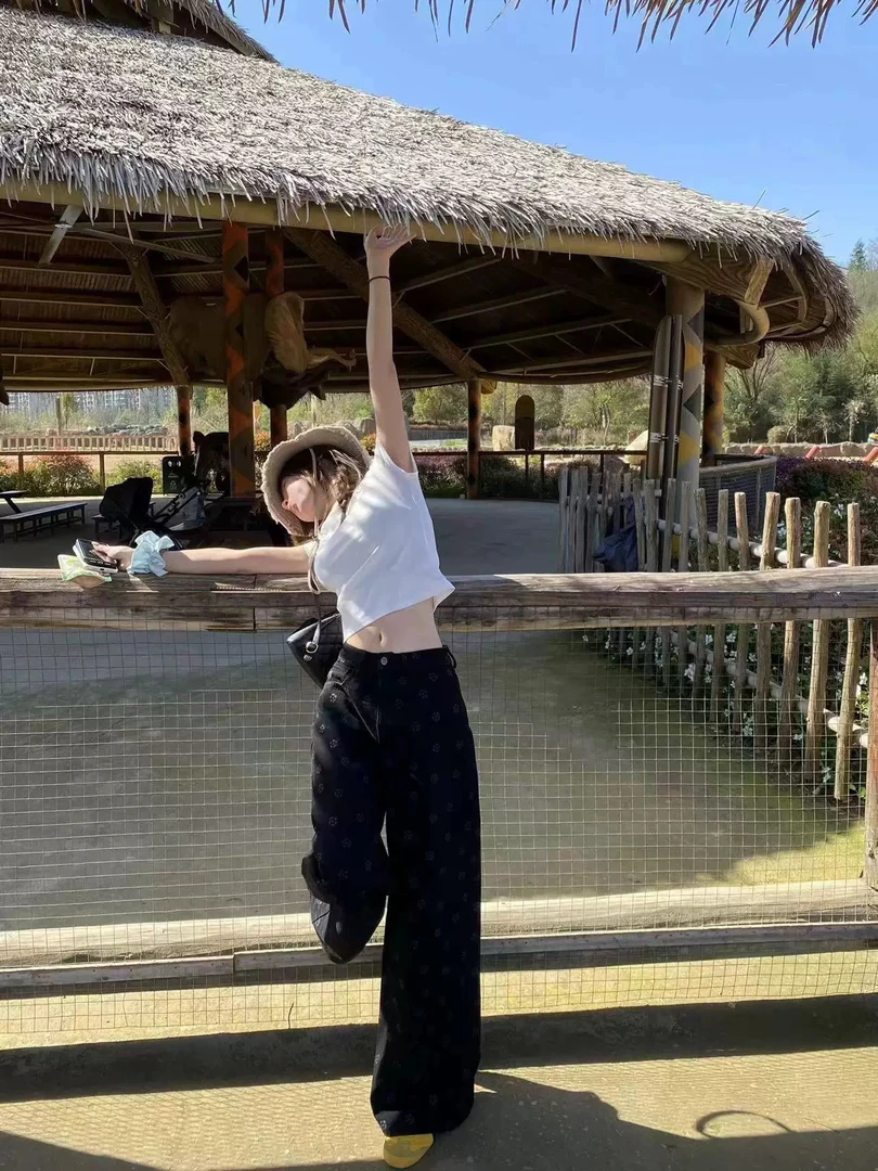 定制面料微喇香香小花牛仔裤黑色高腰显瘦别致阔腿裤