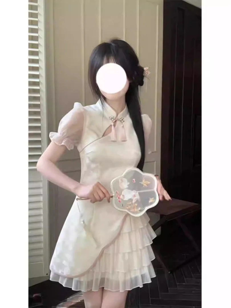 新中式轻国风改良旗袍短袖连衣裙2025夏季新款小个子收腰短款裙子