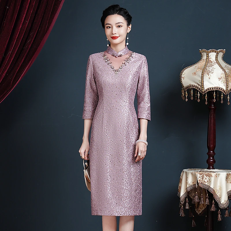 5381婚宴装年轻女中式婚礼妈妈礼服高贵洋气高端旗袍连衣裙春款