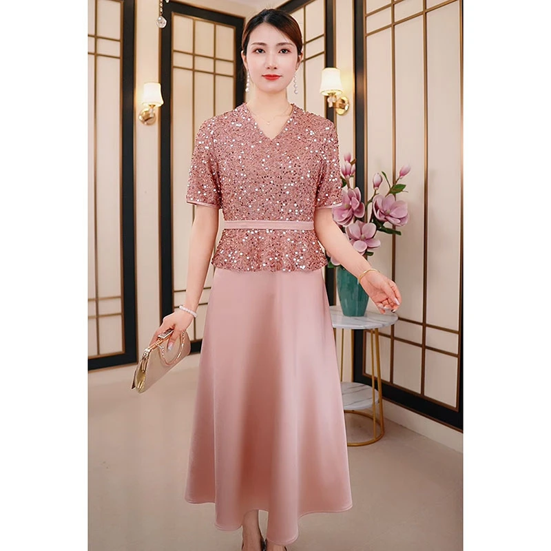5551结婚礼服妈妈年轻洋气新款高端大气假两件喜婆婆婚宴连衣裙