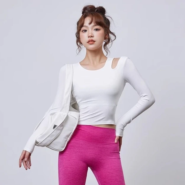 春夏瑜伽服女带胸垫罗纹修身显瘦长袖外穿跑步普拉提训练健身上衣