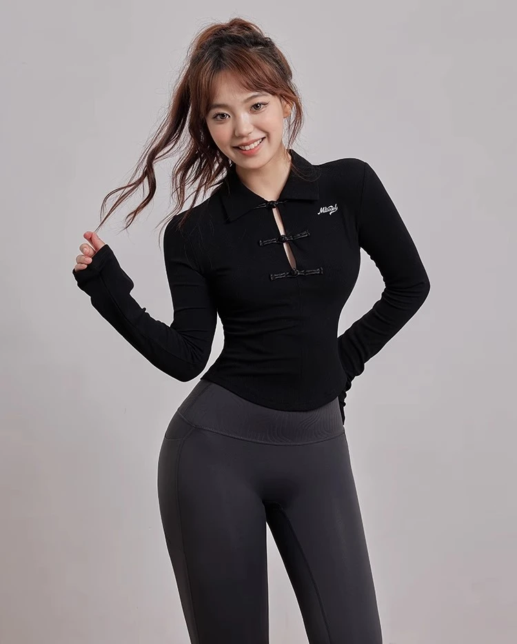 Choc定制中式盘扣翻领运动长袖女国风旗袍瑜伽服紧身显瘦健身衣夏
