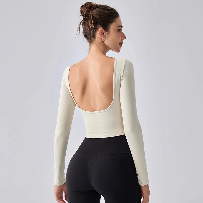 choc运动玩咖新款露背长袖瑜伽服女带胸垫运动上衣跑步健身上衣