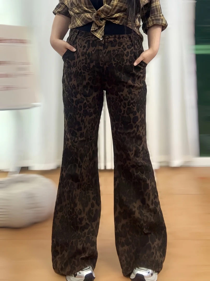 原创设计感新款高腰外穿豹纹微喇叭显瘦洋气垂感弹力拖地长裤599