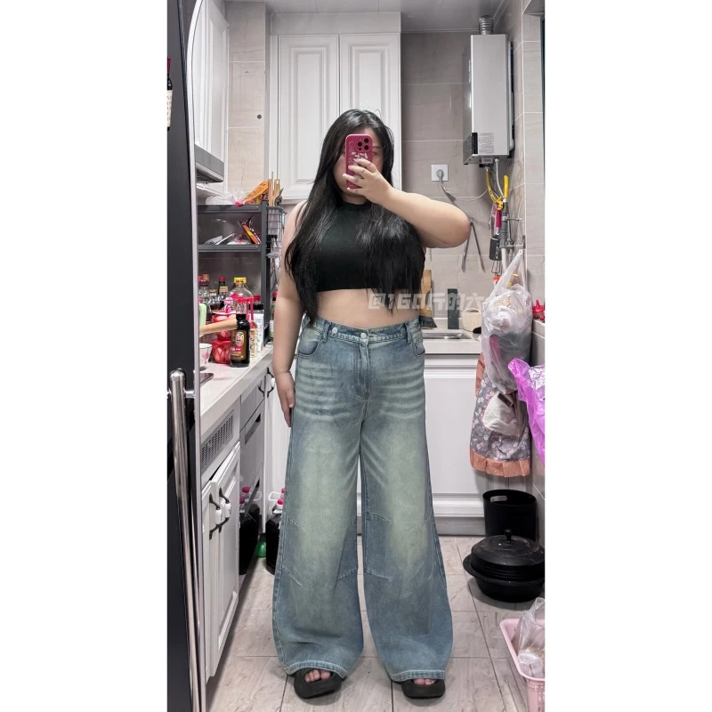 原创大码设计感不贴腿早秋新款高腰显瘦百搭拖地牛仔长裤女爆款