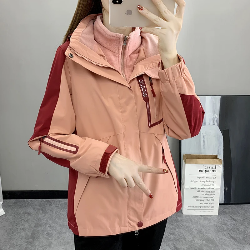 冲锋衣女潮牌三合一可拆卸秋冬户外新款防风防水拼色滑雪服外套男