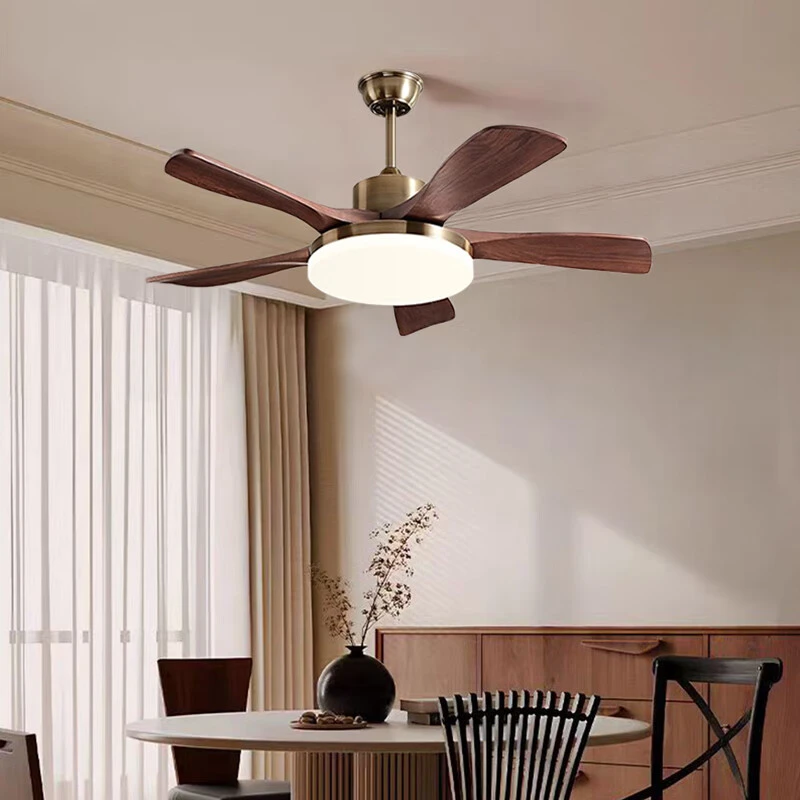 风扇灯大气新中式实木吊扇灯卧室餐厅风扇吊灯吊杆3叶-铜+胡桃木