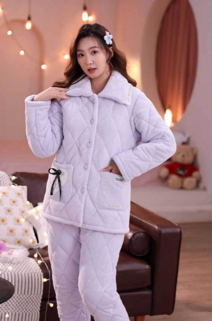 三层夹棉加绒加厚睡衣女套装冬款保暖居家服牛奶丝提花面料翻领