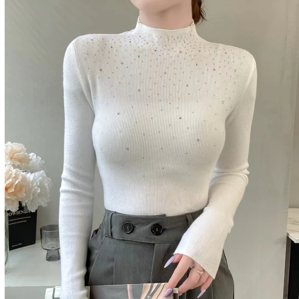 软糯打底 秋冬半高领重工烫钻针织打底衫女 经典百搭软糯贴身毛衣