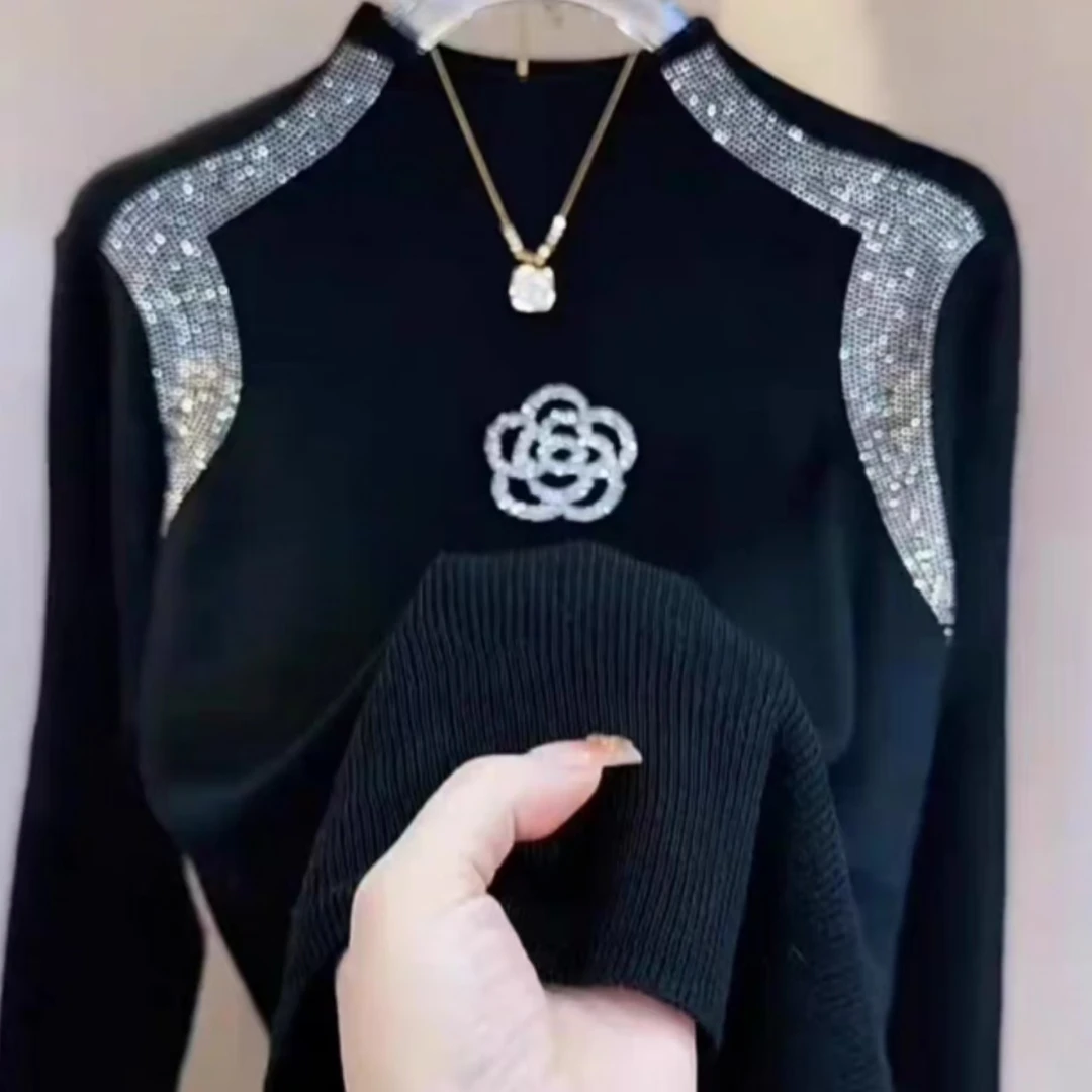 花与玫瑰 秋冬软糯烫钻半高领贴身保暖针织打底衫女时尚百搭