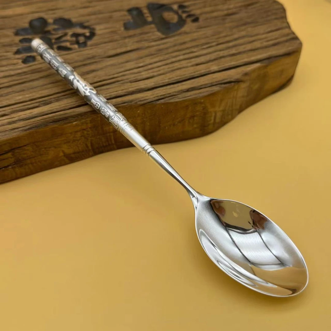 足银银制品 足银999复古百福银勺子银制品实用银勺子纯手工