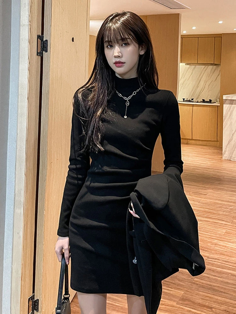 黑色针织加绒连衣裙女秋冬2023新款包臀裙修身显瘦内搭高领打底裙