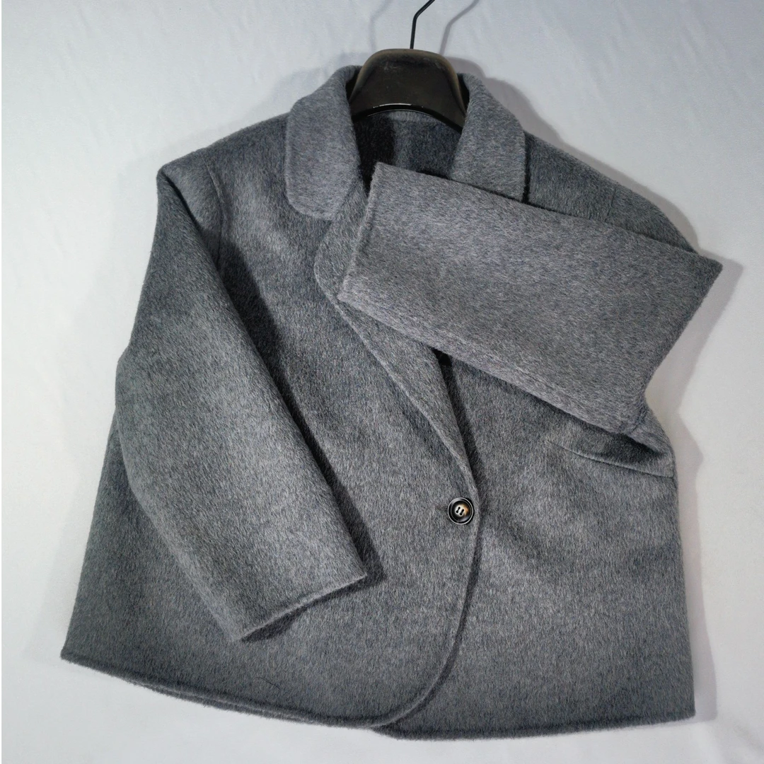 长袖秋冬短款毛呢外套西装领经典时尚灰色休闲黑色商务上衣小个子