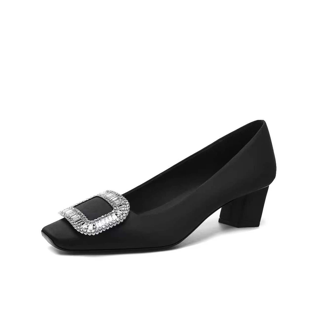 2024新款浅口方头水钻方扣舒适桑蚕丝黑色女士粗跟单鞋女气质百搭