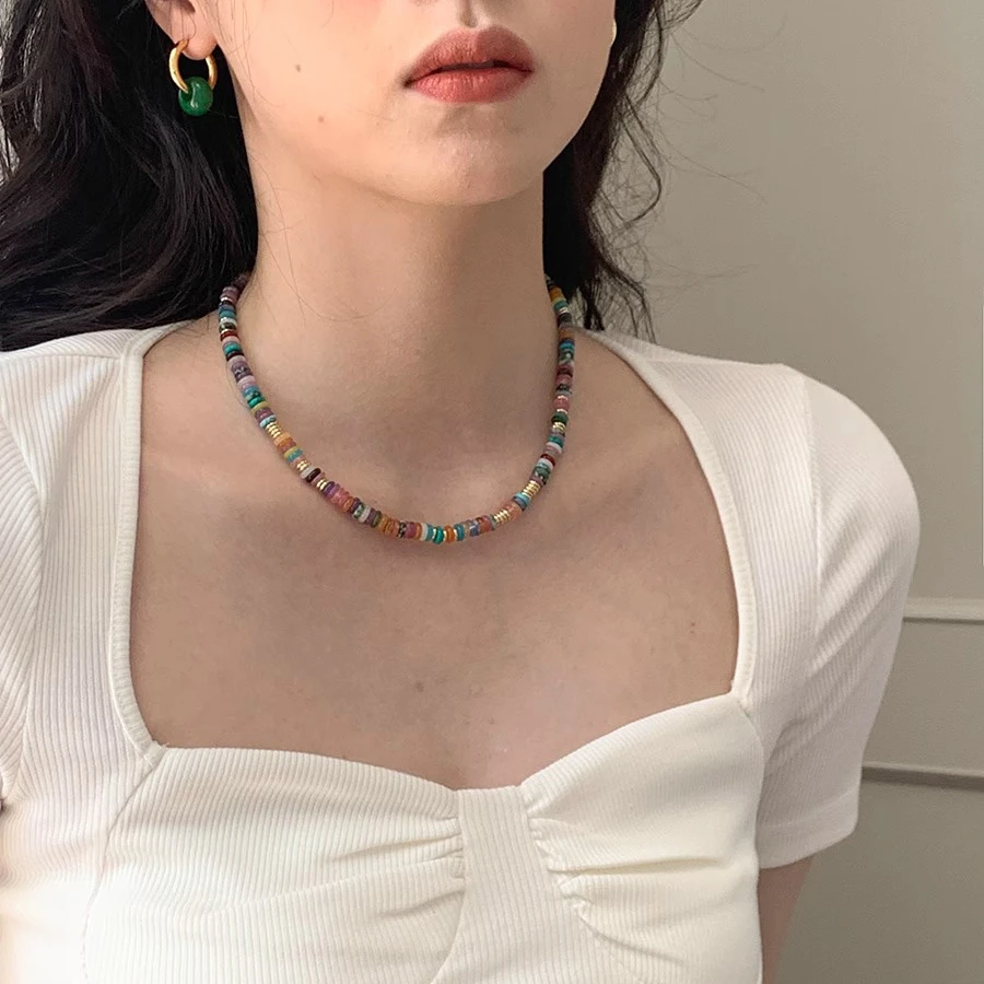铜合金项链 彩色串珠项链夏ins设计感小众叠戴气质高级感锁骨链女
