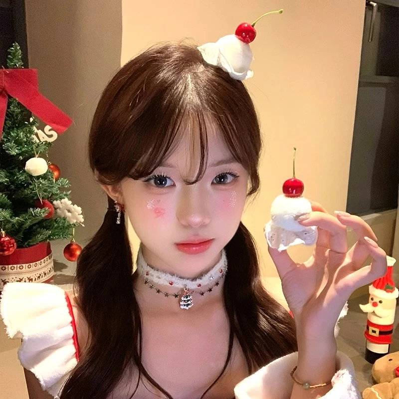 圣诞节头饰敲可爱樱桃奶油小蛋糕发夹女氛围感装饰发卡夹子发饰品