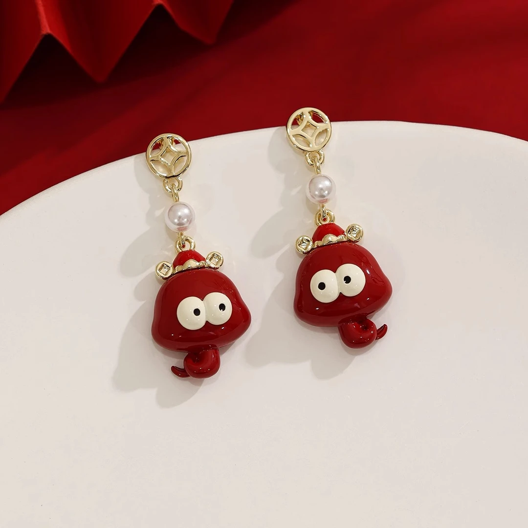 铜合金耳饰 卡通蛇红色耳钉女本命年蛇年可爱甜美耳环新中式耳饰