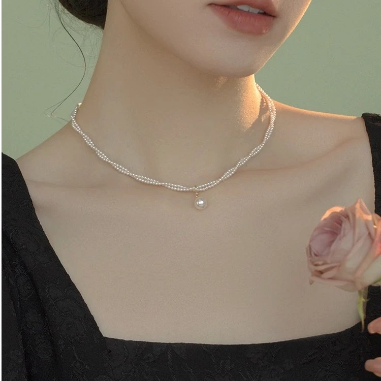 铜合金项链 午后酒会法式复古仿珍珠项链女轻奢小众双层锁骨链ins