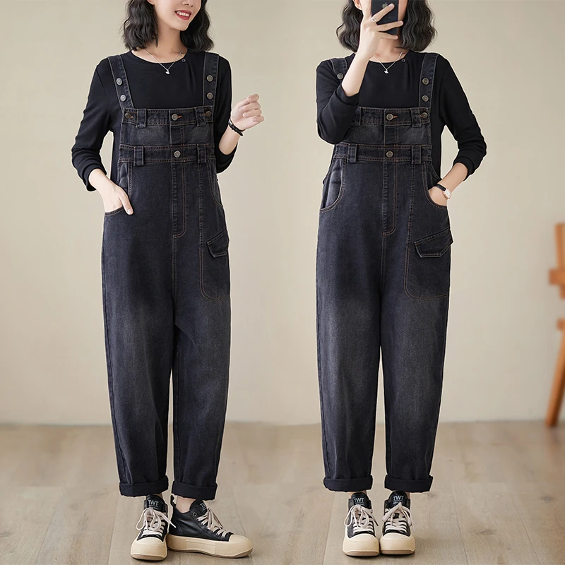 2025春夏显瘦黑色宽松显瘦牛仔背带裤