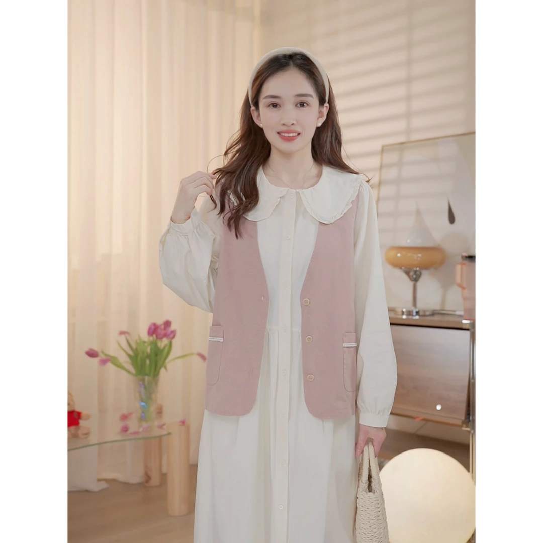 【水云间】蕾丝拼接马甲纯色V领上衣时尚百搭开衫经典简约款