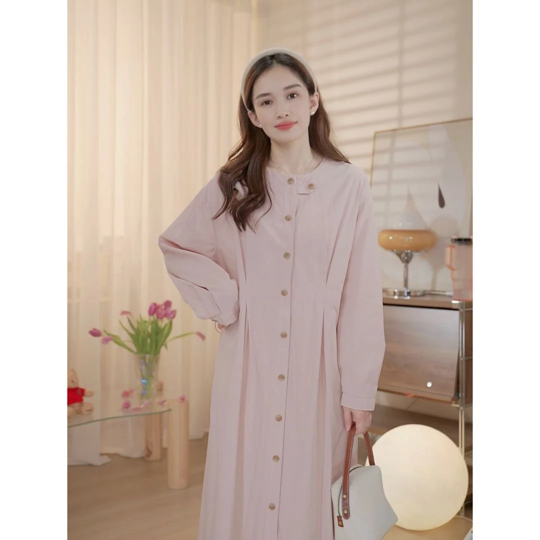 【蜜桃甜酒】春款甜美连衣裙圆领收腰长裙纯色显瘦纽扣裙子