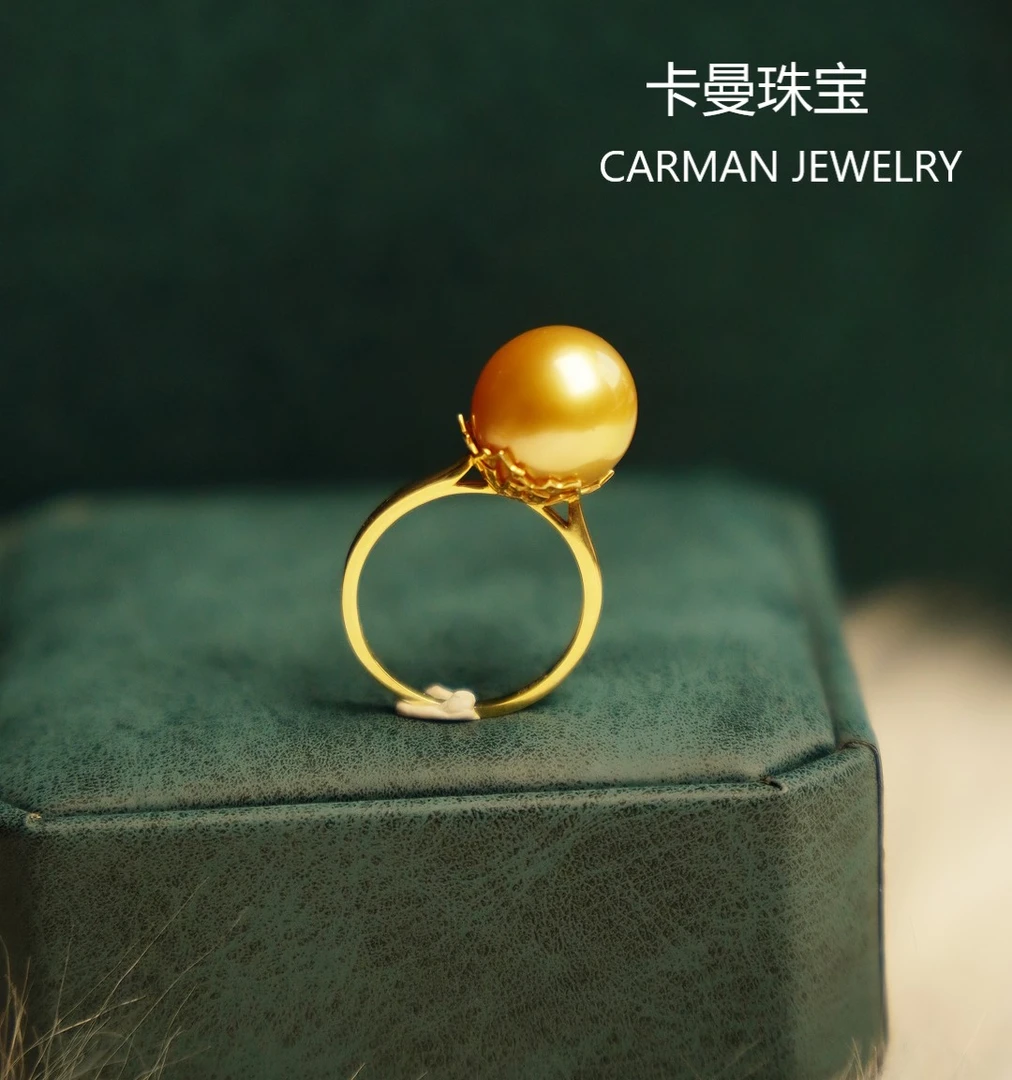 菲律宾天然海水珍珠南洋金珠戒指12-13mm浓金强光无瑕18K荷花款