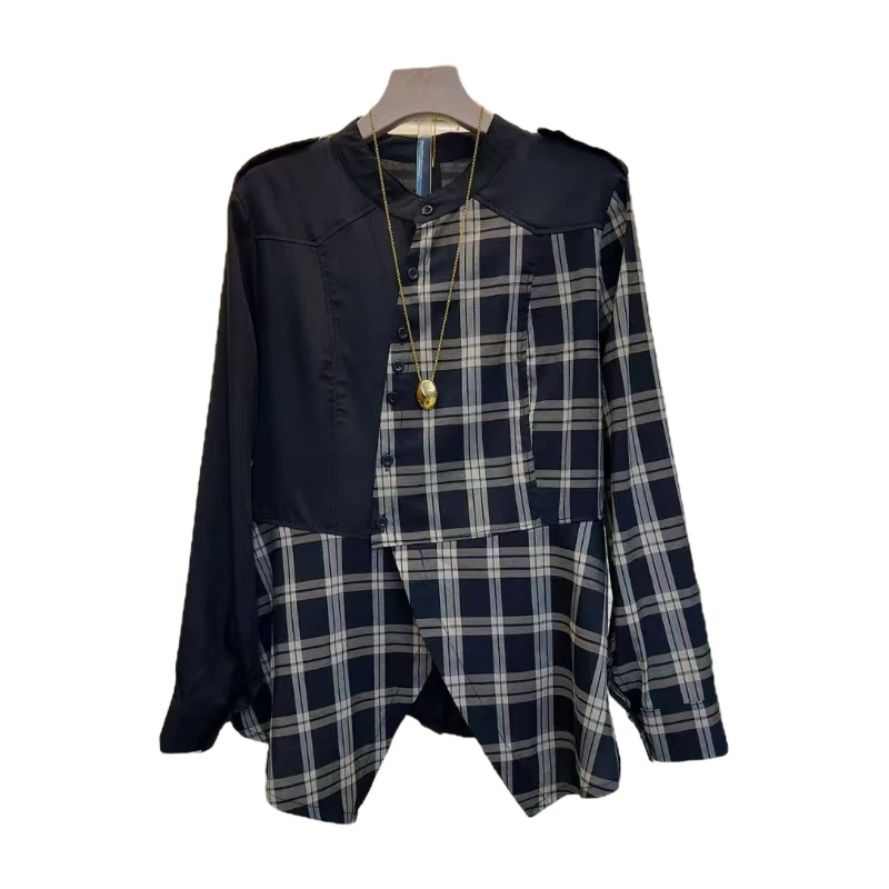 秋上新时尚拼接不规则设计感长袖衬衫衣长64左右百搭宽松格纹上衣